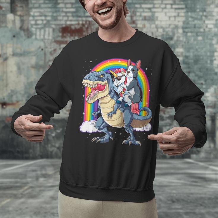 Boston Terrier Unicorn Riding Dinosaur T-Rex Girls Rainbow Unisex Sweatshirt, Boston Terrier Riding Sweatshirts, gift for family, gift for coworker