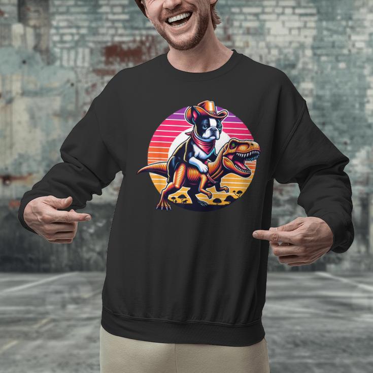 Boston Terrier Wearing A Cowboy Hat On T-Rex Unisex Sweatshirt, gift for family, gift for coworker
