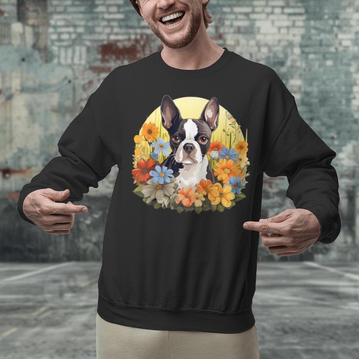 Cute Boston Terrier Spring Flower Garden Colorful Puppy Dog Unisex Sweatshirt, gift for family, gift for coworker