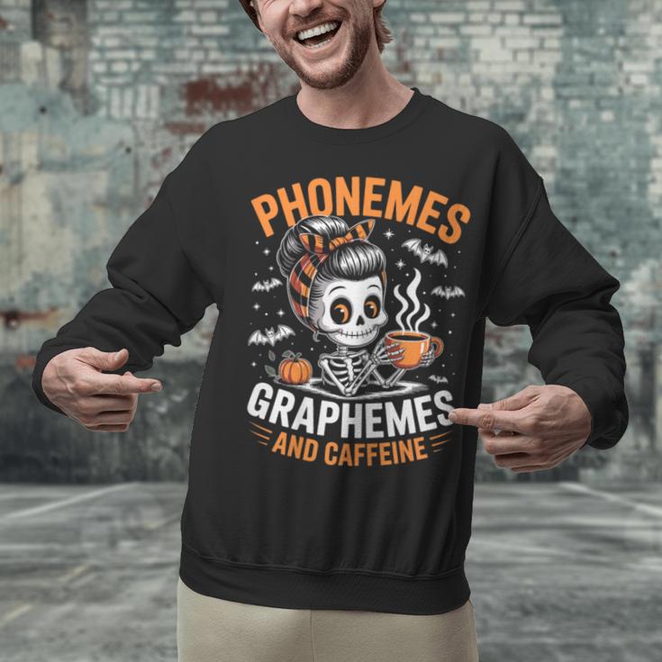 Halloween Skeleton Teacher Phonemes Graphemes Caffeine Lover Unisex Sweatshirt, gift for family, gift for coworker