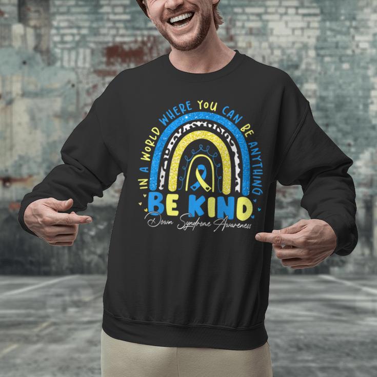 Be Kind Rainbow Down Syndrome Awareness Teacher Blue Yellow Unisex Sweatshirt, gift for family, gift for coworker