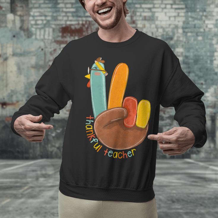 One Thankful Teacher Thanksgiving Turkey Peace Hand Sign Unisex Sweatshirt, gift for family, gift for coworker