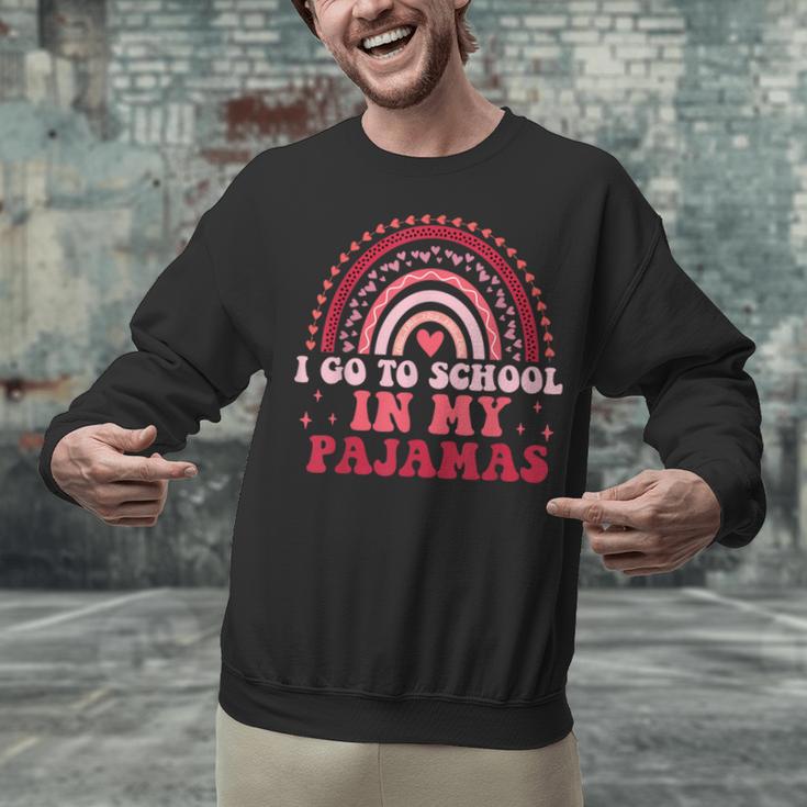 Rainbow Homeschool Mom Teacher I Go To School In My Pajamas Unisex Sweatshirt, gift for family, gift for coworker