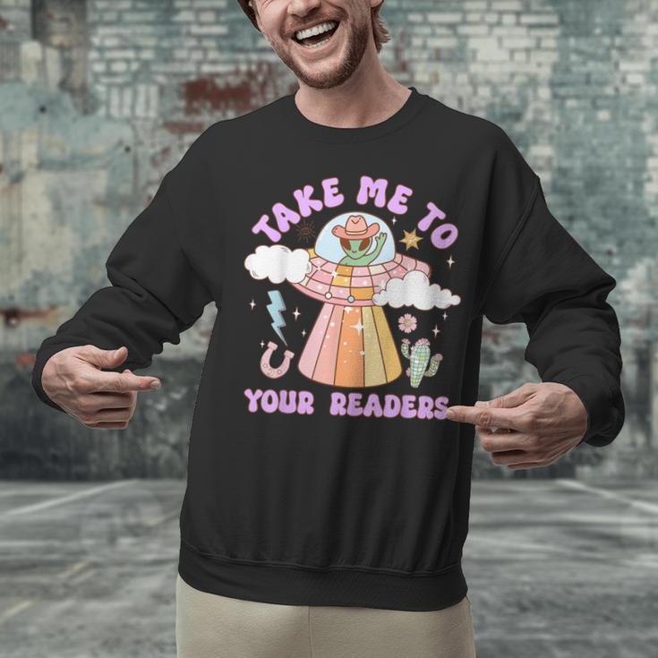 Take Me To Your Readers Alien Teacher Halloween Literacy Unisex Sweatshirt, gift for family, gift for coworker