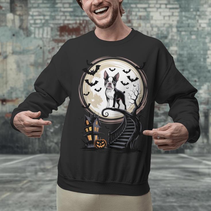 Spooky Halloween Moon Boston Terrier Boston Bull Bostie Unisex Sweatshirt, Boston Terrier Halloween Sweatshirts, gift for family, gift for coworker