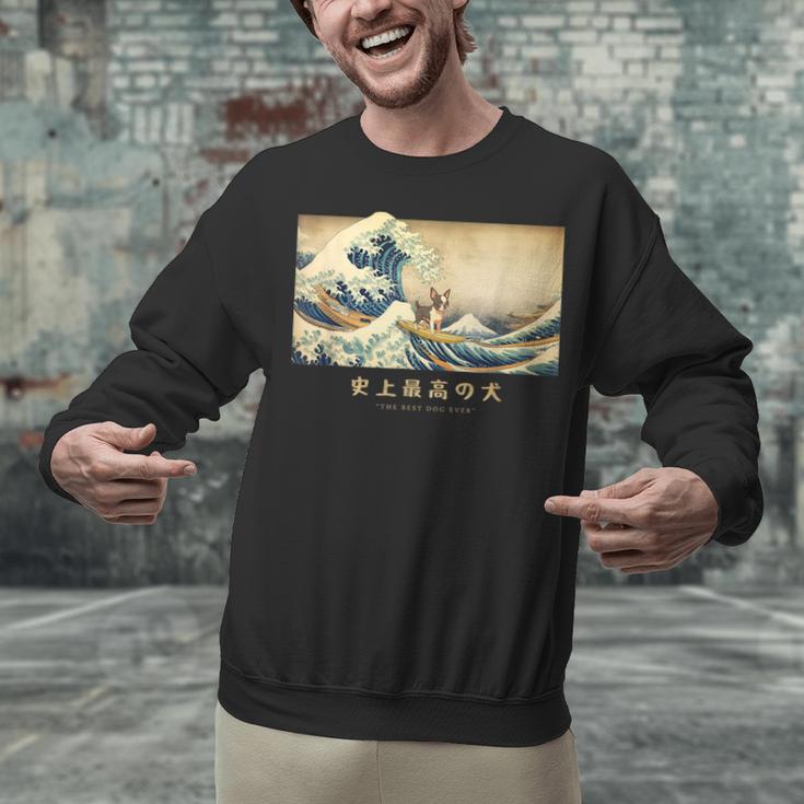 Surfing Boston Terrier Kanagawa Wave Japanese Dog For Men Women Kids Unisex Sweatshirt, gift for family, gift for coworker