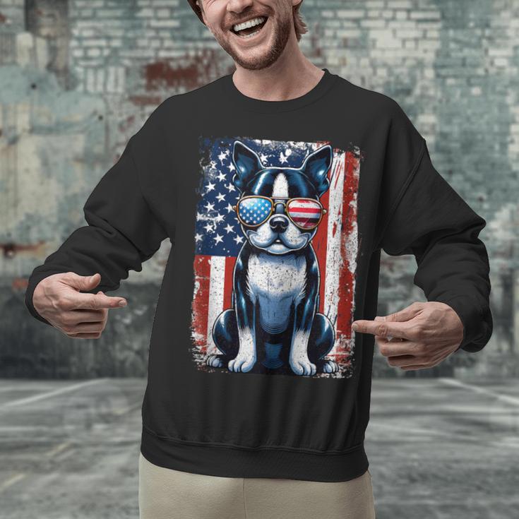 Vintage Boston Terrier Dog American USA US Flag Pets Lovers Unisex Sweatshirt, American Boston Terrier Sweatshirts, gift for family, gift for coworker