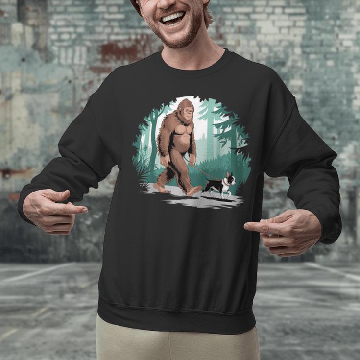 Whimsical Forest Adventures Sasquatch Bigfoot Walking Boston Terrier Dog Lovers Unisex Sweatshirt, gift for family, gift for coworker
