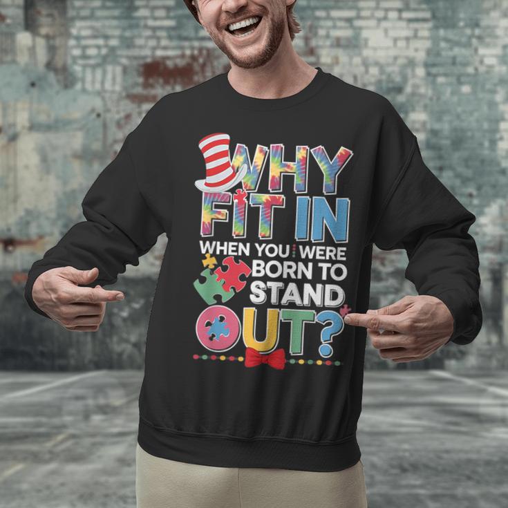 Why Fit In Doctor Teacher Cat In Hat Cool Autism Awareness Men Women Kids Unisex Sweatshirt, gift for family, gift for coworker