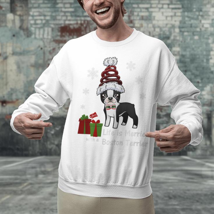 Boston Terrier Christmas T Shirt-Life Is Merrier Premium Tri-Blend Unisex Sweatshirt, Boston Terrier Christmas Sweatshirts, gift for family, gift for coworker