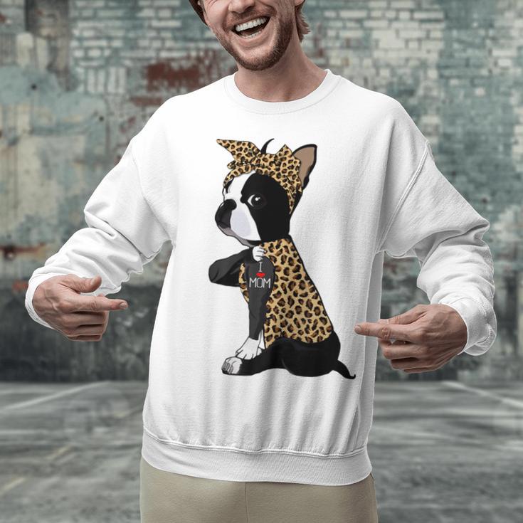 Boston Terrier Lover I Love Mom Tattoo Leopard Unisex Sweatshirt, Boston Terrier Mom Sweatshirts, gift for family, gift for coworker