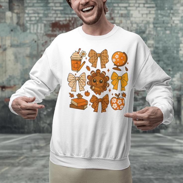 Coquette Teach Teacher Bows Thanksgiving Turkey Fall Autumn Unisex Sweatshirt, gift for family, gift for coworker