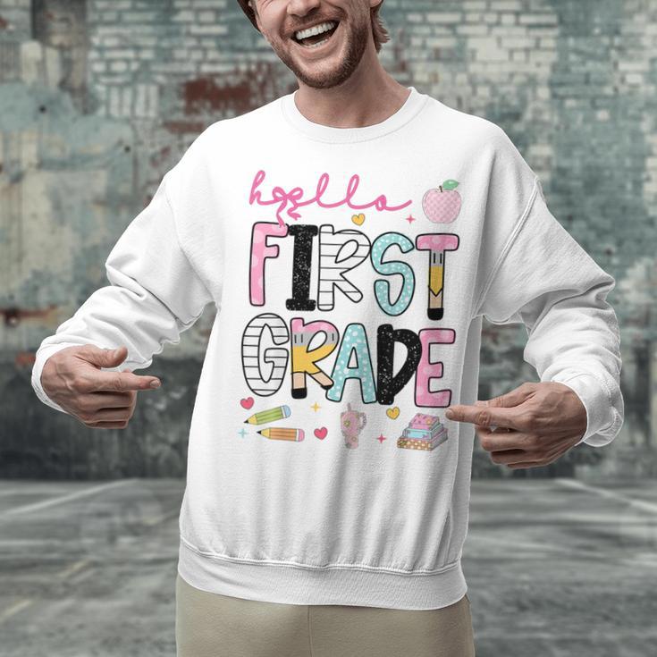 Hello First Grade Teacher Coquette Pencil Bow Back To School Unisex Sweatshirt, First Grade Teacher Sweatshirts, gift for family, gift for coworker