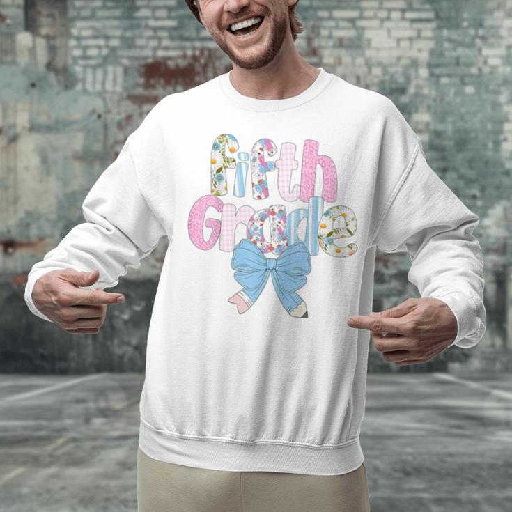 Preppy Fifth Grade Teacher Blue Floral Coquette Pencil Bow Unisex Sweatshirt, gift for family, gift for coworker