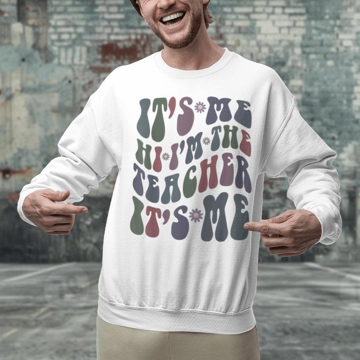 Retro IT'S ME Hi I'm The TEACHER Groovy Testing Squad Pink Unisex Sweatshirt, Groovy Teacher Sweatshirts, gift for family, gift for coworker