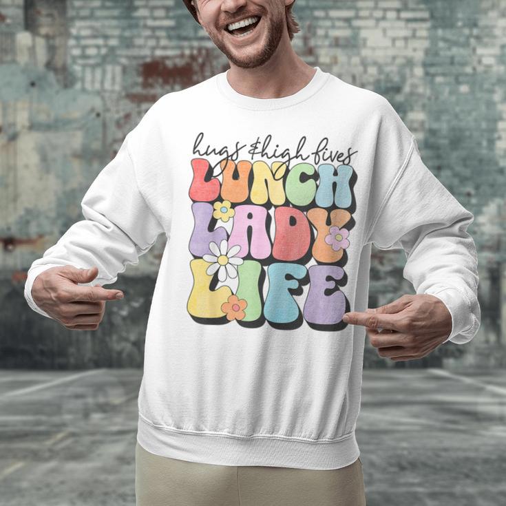 Soul Bleach Teacher Staff First Day Of School Last Hugs & High Fives Lunch Lady Vibes Blue Classic Fit Unisex Sweatshirt, gift for family, gift for coworker