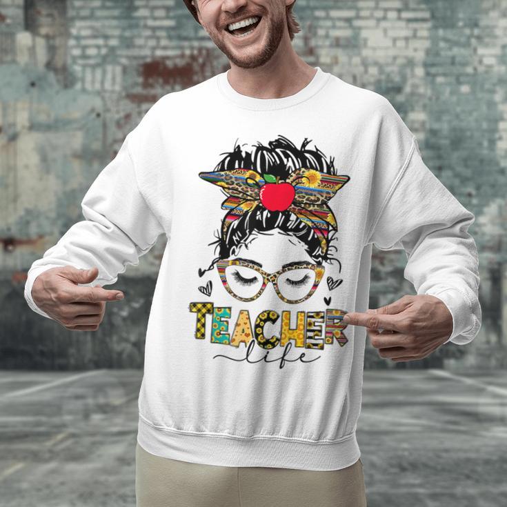 Teacher Life Messy Bun Glasses Leopard Sunflower Unisex Sweatshirt, gift for family, gift for coworker Teacher Life Messy Bun Glasses Leopard Sunflower Unisex Sweatshirt, gift for family, gift for coworker