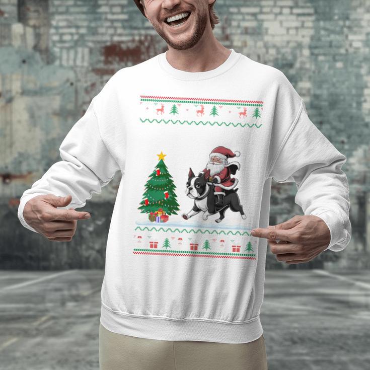 Ugly Christmas Tree Lights Xmas Santa Riding Boston Terrier Unisex Sweatshirt, Boston Terrier Riding Sweatshirts, Boston Terrier Christmas Sweatshirts, gift for family, gift for coworker