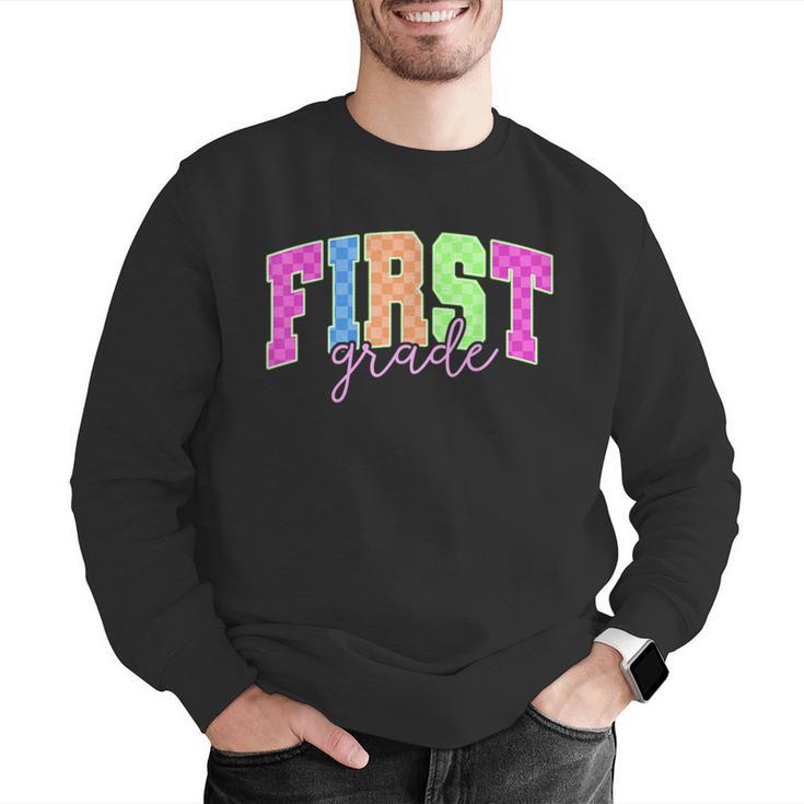 Back To School Neon Checkered First Grade Colorful Teacher Men Graphic Sweatshirt, First Grade Teacher Sweatshirts, funny gift Back To School Neon Checkered First Grade Colorful Teacher Men Graphic Sweatshirt, First Grade Teacher Sweatshirts, funny gift