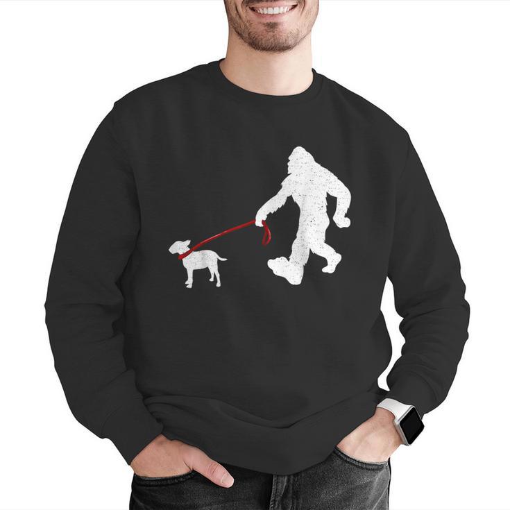 Bigfoot Walking With Bull Terrier Dog Men Graphic Sweatshirt, funny gift