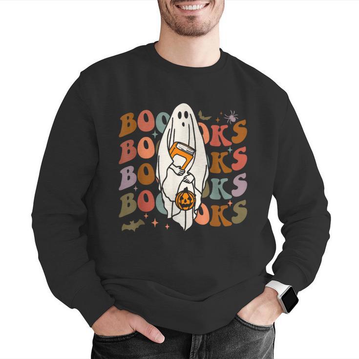 Booooks Ghost Halloween Groovy Vintage Teacher Book Reading Men Graphic Sweatshirt, Groovy Teacher Sweatshirts, funny gift