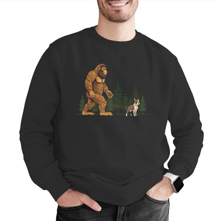 Boston Terrier Bigfoot Dog Walking Dog Mom Dad Kids Men Graphic Sweatshirt, Boston Terrier Mom Sweatshirts, Boston Terrier Dad Sweatshirts, funny gift