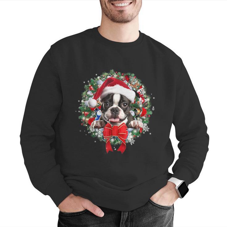 Boston Terrier Christmas Wreath Decoration Xmas Pajamas Men Graphic Sweatshirt, Boston Terrier Christmas Sweatshirts, funny gift