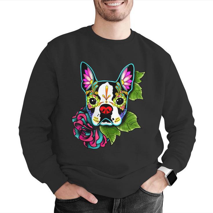 Boston Terrier In Day Of The Dead Sugar Skull Dog Men Graphic Sweatshirt, funny gift