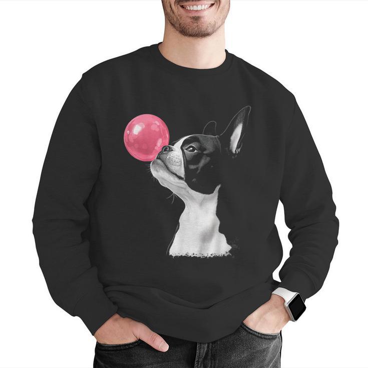 Boston Terrier Dog Blowing Chewing Bubble Gum Pink Men Graphic Sweatshirt, funny gift