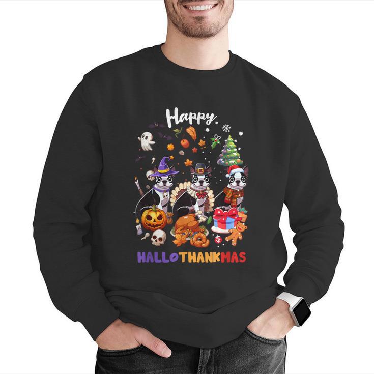 Boston Terrier Dog Christmas Happy Hallothankmas Halloween For Men Women Kids Men Graphic Sweatshirt, Boston Terrier Halloween Sweatshirts, Boston Terrier Christmas Sweatshirts, funny gift