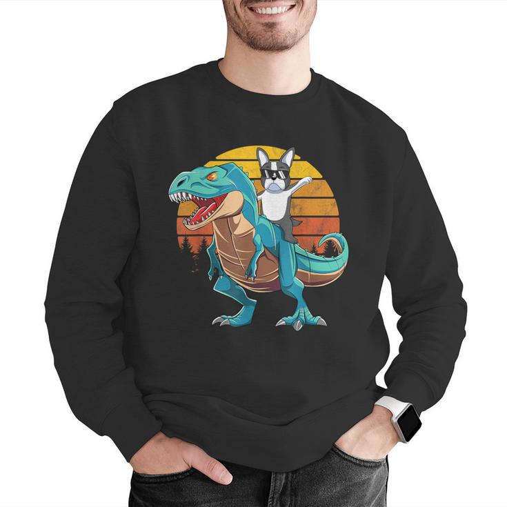 Boston Terrier Dog Riding Dinosaur T Rex Boys Men Graphic Sweatshirt, Boston Terrier Riding Sweatshirts, funny gift