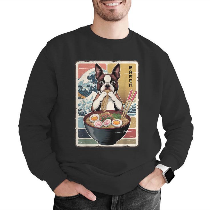 Boston Terrier Ramen Noodles Japanese Art Retro Ocean Waves Men Graphic Sweatshirt, funny gift