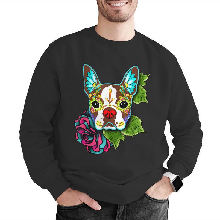 Boston Terrier In Red Day Of The Dead Sugar Skull Dog Men Graphic Sweatshirt, funny gift