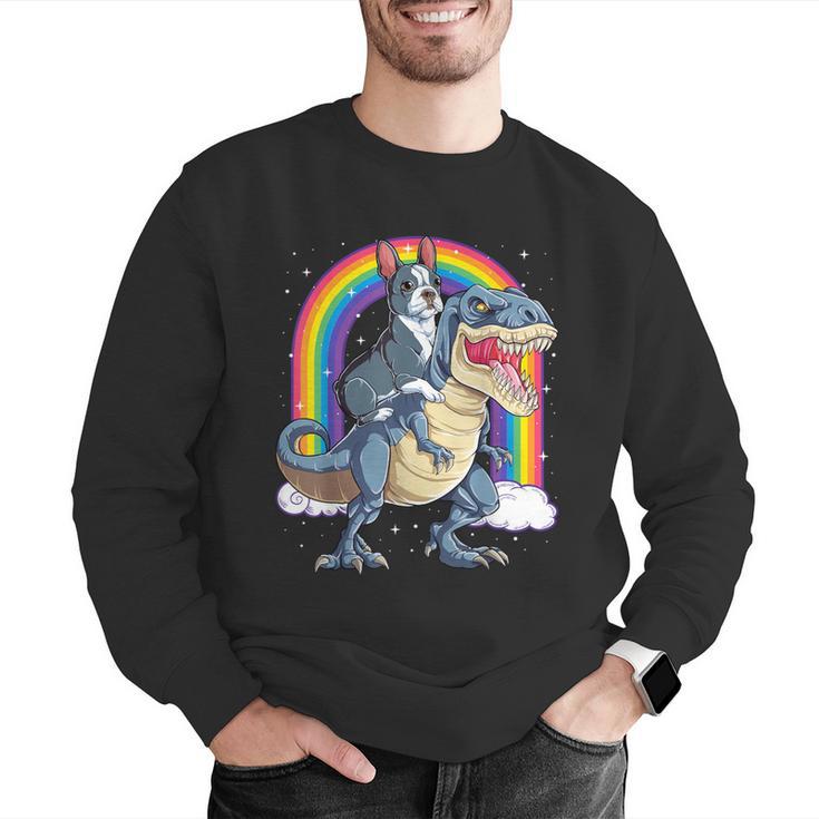 Boston Terrier Riding Dinosaur T-Rex Boys Kids Rainbow Men Graphic Sweatshirt, Boston Terrier Riding Sweatshirts, funny gift