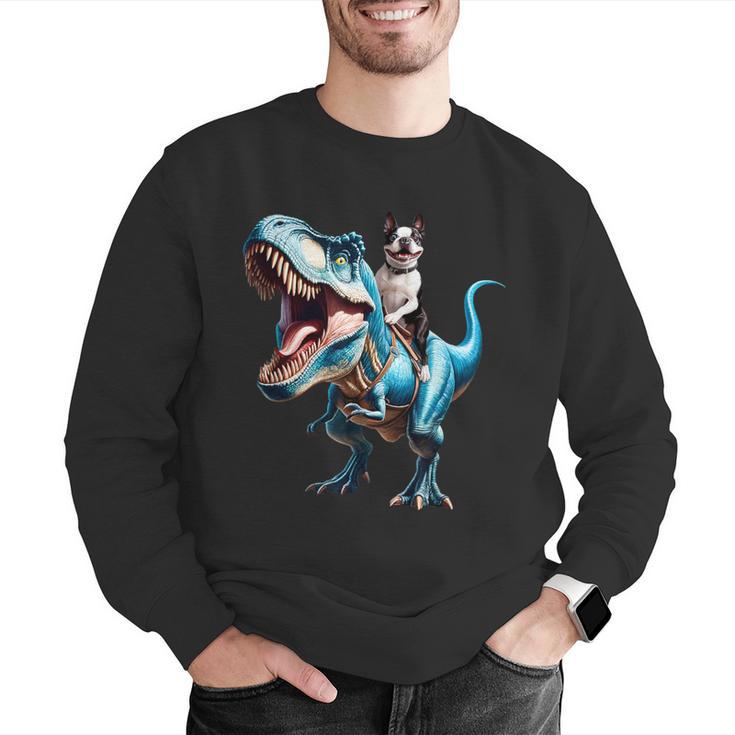 Boston Terrier Riding T-Rex Dinosaur Dog Lover Men Graphic Sweatshirt, Boston Terrier Riding Sweatshirts, funny gift