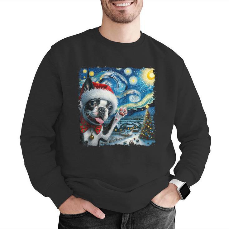 Boston Terrier Santa Starry Night Van Gogh Christmas Dog Men Women Kids Men Graphic Sweatshirt, Boston Terrier Christmas Sweatshirts, funny gift