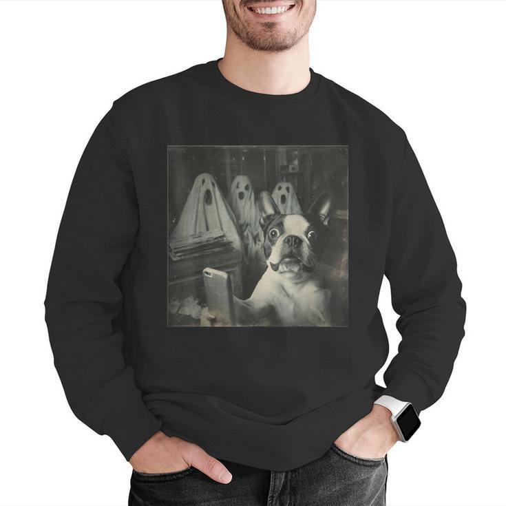 Boston Terrier Selfie With Ghosts Halloween Dog Lover Men Graphic Sweatshirt, Boston Terrier Halloween Sweatshirts, funny gift