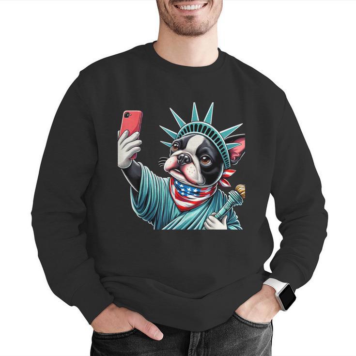 Boston Terrier Selfie Statue Of Liberty 4th Of July American Men Graphic Sweatshirt, American Boston Terrier Sweatshirts, Boston Terrier 4th Of July Sweatshirts, funny gift