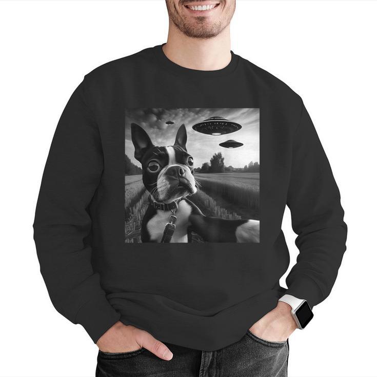 Boston Terrier Graphic Selfie With UFOs Weird Aliens Men Graphic Sweatshirt, funny gift