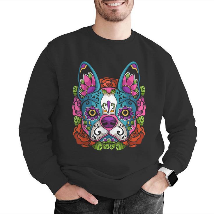 Boston Terrier Sugar Skull Dog Day Of The Dead Men Graphic Sweatshirt, funny gift