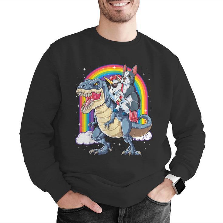 Boston Terrier Unicorn Riding Dinosaur T-Rex Girls Rainbow Men Graphic Sweatshirt, Boston Terrier Riding Sweatshirts, funny gift