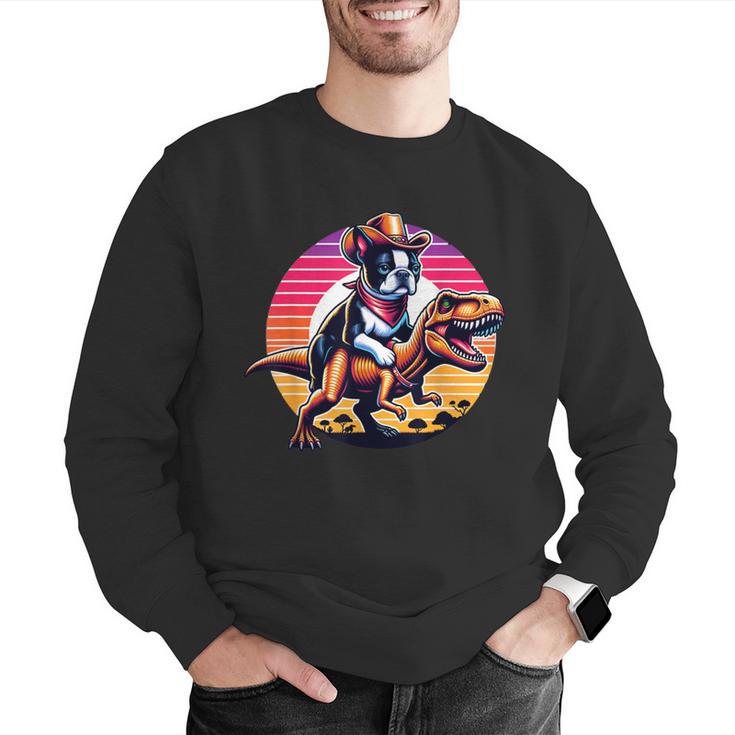 Boston Terrier Wearing A Cowboy Hat On T-Rex Men Graphic Sweatshirt, funny gift