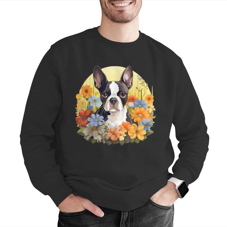 Cute Boston Terrier Spring Flower Garden Colorful Puppy Dog Men Graphic Sweatshirt, funny gift
