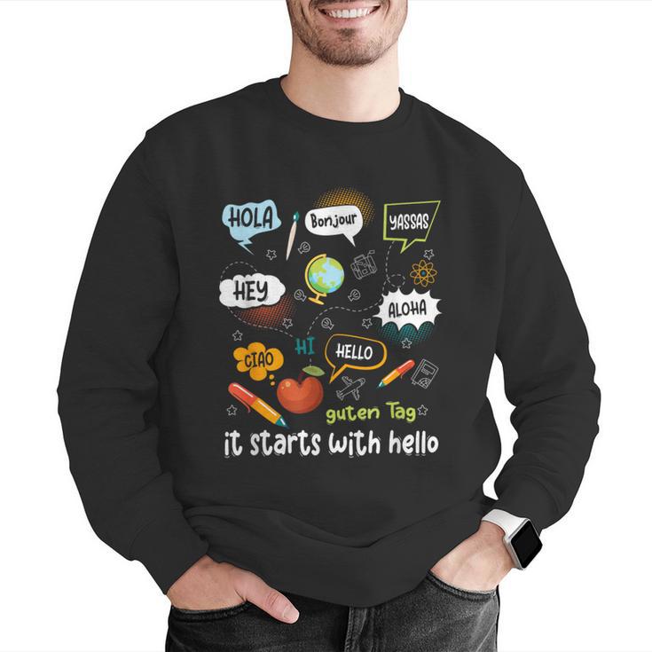 Friendship Inclusion Language Teacher It Starts With Hello Men Graphic Sweatshirt, funny gift Friendship Inclusion Language Teacher It Starts With Hello Men Graphic Sweatshirt, funny gift