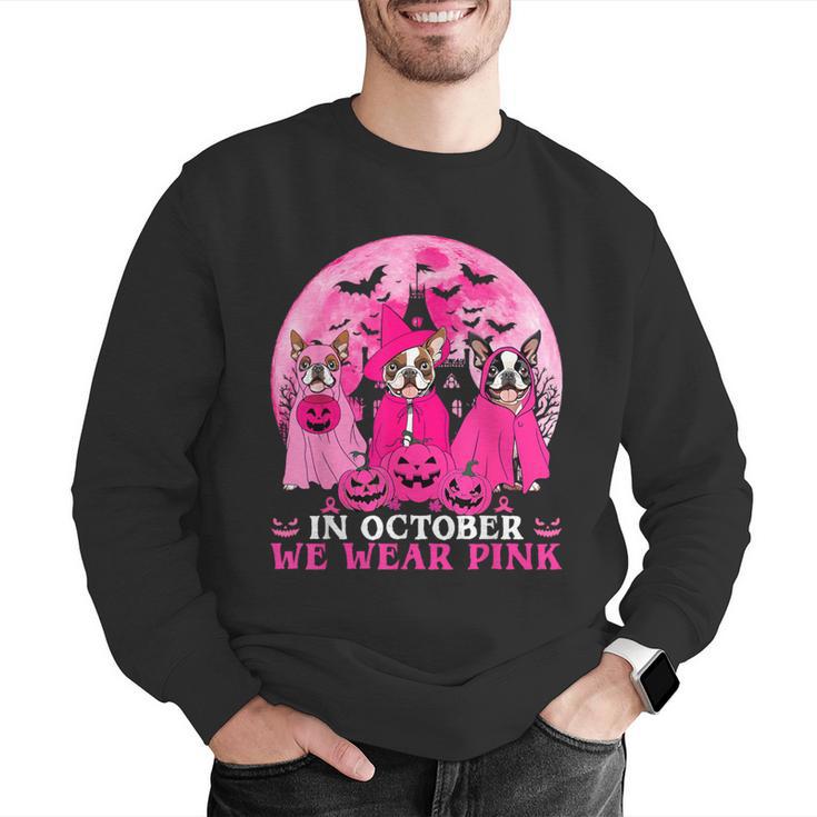 Ghost And Witch Boston Terrier Dog In October We Wear Pink Men Graphic Sweatshirt, Boston Terrier Ghost Sweatshirts, funny gift