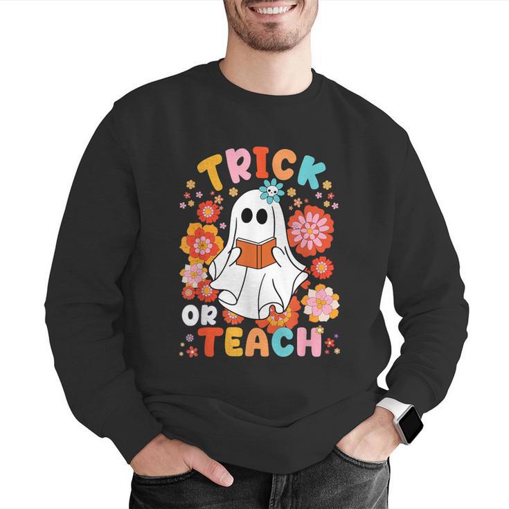 Groovy Halloween Trick Or Teach Retro Floral Ghost Teacher For Men Women Kids Men Graphic Sweatshirt, Groovy Teacher Sweatshirts, funny gift