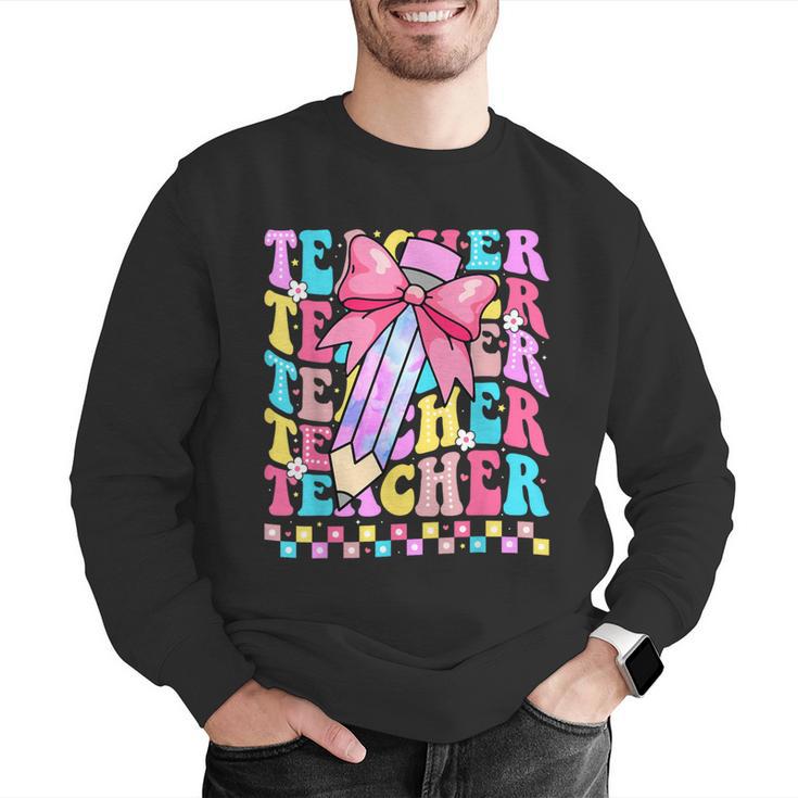 Groovy Teacher Cute Coquette Bow Flower Retro Back To School Men Graphic Sweatshirt, Groovy Teacher Sweatshirts, funny gift