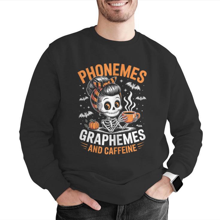 Halloween Skeleton Teacher Phonemes Graphemes Caffeine Lover Men Graphic Sweatshirt, funny gift Halloween Skeleton Teacher Phonemes Graphemes Caffeine Lover Men Graphic Sweatshirt, funny gift