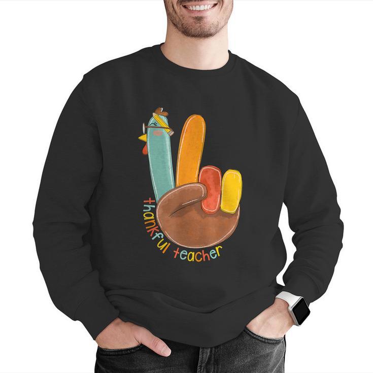 One Thankful Teacher Thanksgiving Turkey Peace Hand Sign Men Graphic Sweatshirt, funny gift