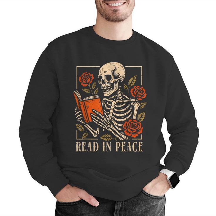 Read In Peace Skeleton Reading Book Halloween Teacher Men Graphic Sweatshirt, funny gift